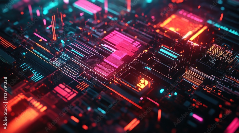 Poster A creative close-up shot of a microchip, showcasing its complex structure and small-scale technology, representing the future of electronics and computing.