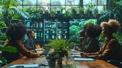 Diverse Team Meeting in a Lush Green Office Space Analyzing Data on a Large Screen