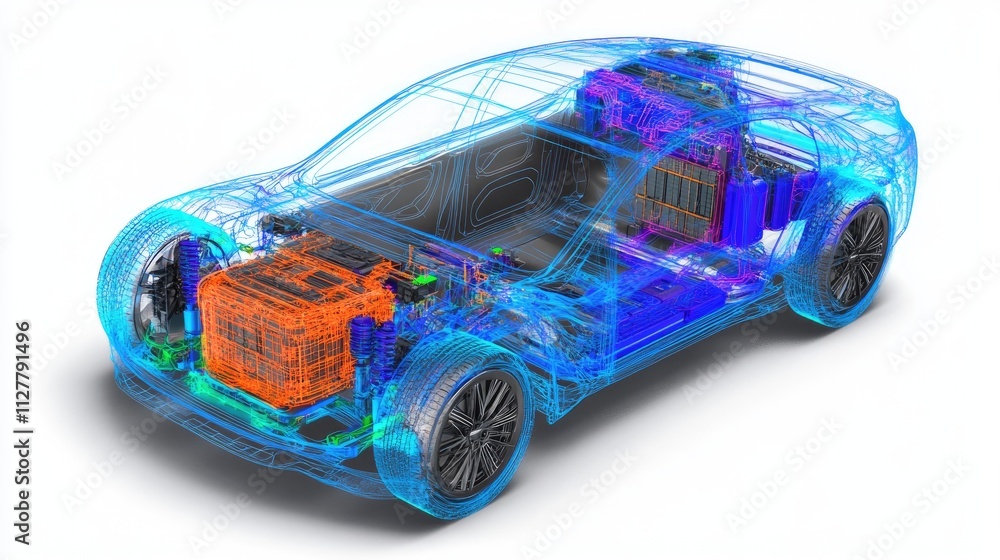 Poster a detailed cae simulation of an electric vehicle's battery system, focusing on heat management and c
