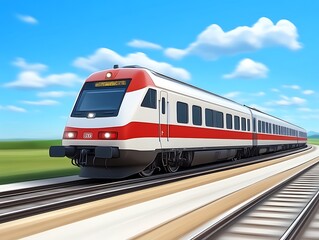 Fototapeta premium Modern High Speed Train Traveling Through Sunny Landscape