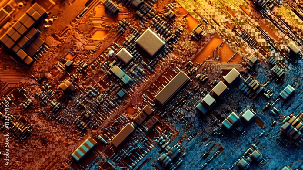 Poster a detailed close-up of a microchip, showing its intricate design and electrical components, represen