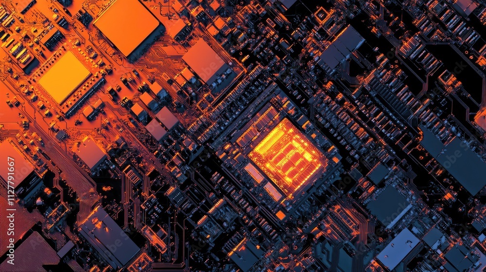 Poster A detailed close-up of a microchip, showing its intricate design and electrical components, representing advancements in the semiconductor industry.
