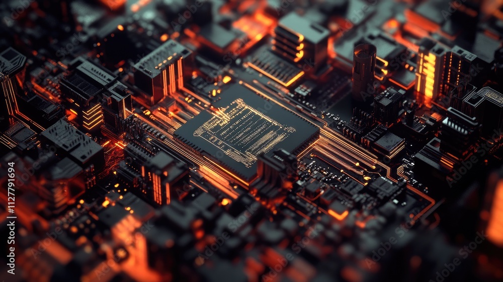 Poster a detailed image of a semiconductor chip and microcircuits, symbolizing advancements in technology, 