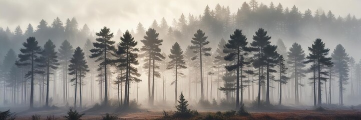 Foggy pine tree forest painted in watercolors, landscape, painting, misty, forest, watercolors