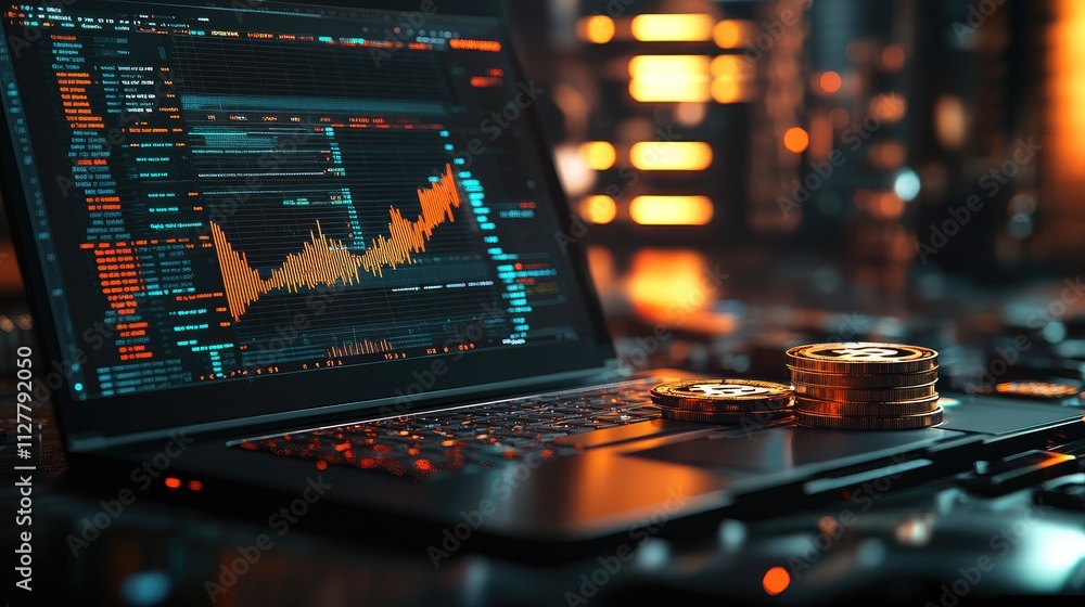 Poster a detailed shot of a laptop displaying cryptocurrency charts with a stack of bitcoin coins beside it