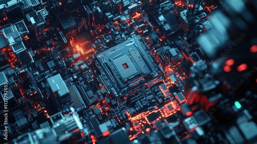 Poster a detailed shot of a microchip surrounded by electronic components, representing the latest developm