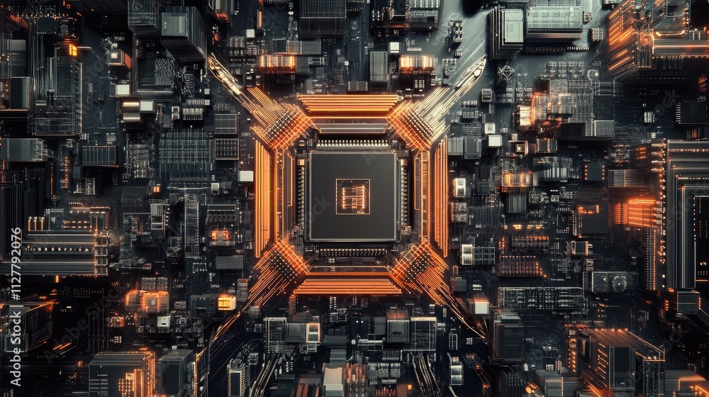Poster a detailed shot of a microchip surrounded by electronic components, representing the latest developm