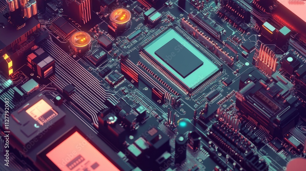 Poster a detailed shot of a microchip surrounded by electronic components, representing the latest developm