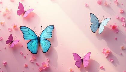 Fondo rosa claro de primavera con mariposas coloridas