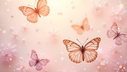 Fondo rosa claro de primavera con mariposas coloridas