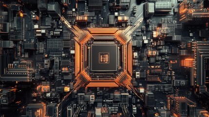 Fototapeta premium A detailed shot of a microchip surrounded by electronic components, representing the latest developments in semiconductor technology for the tech industry.