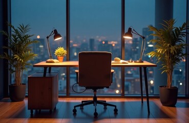 Fototapeta premium Modern workplace interior desk, chair with wooden, metal accents. Night city view visible from large windows. Cozy workspace concept. Focus on productivity. Possible applications for image include