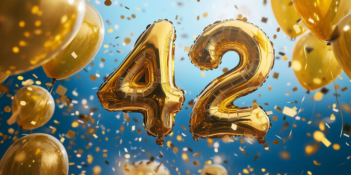 Golden floating balloons with the number 42 surrounded by golden spheres and confetti, blue background. Decorations for birthday or anniversary
