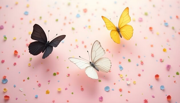 Fondo rosa claro de primavera con mariposas coloridas