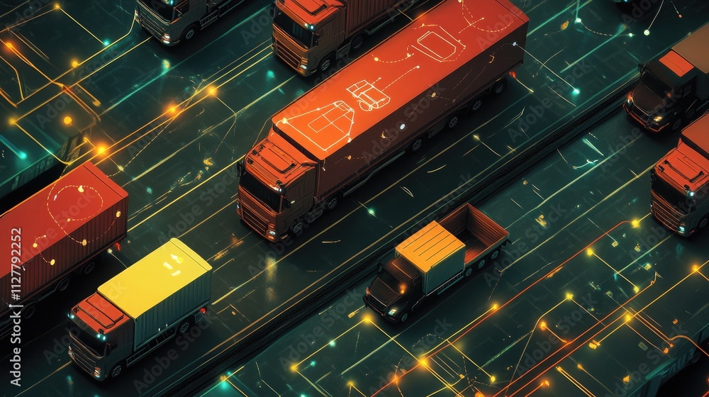 Poster a digital map with connected trucks, representing smart fleet management and efficient route plannin
