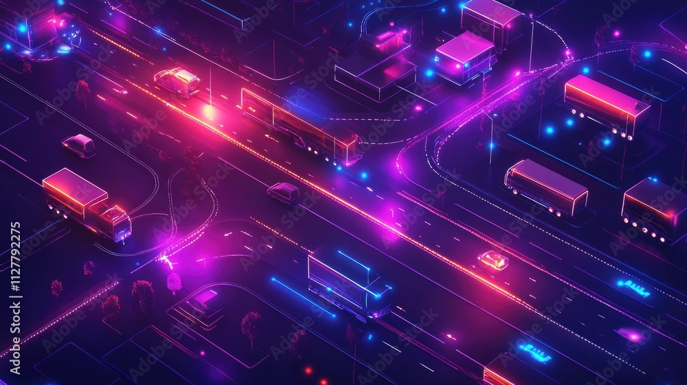 Poster A digital map with connected trucks, representing smart fleet management and efficient route planning for logistics and transportation companies.