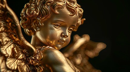 Golden Cherubic Angel Figurine with Intricate Wing Detail