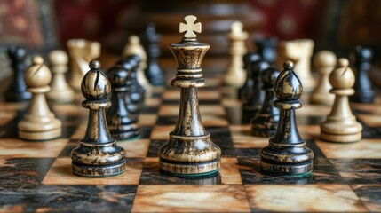 Fototapeta premium Business strategy planning with chess pieces on a gameboard and team collaboration in focus