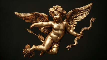 Golden Cherubic Cupid with Bow and Arrow, Angelic Wings