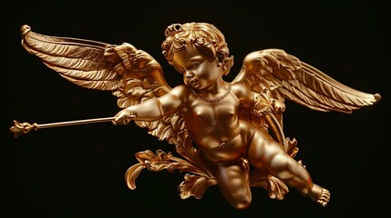 Gilded cherubic angel figurine with wings, holding a staff, against a black background.