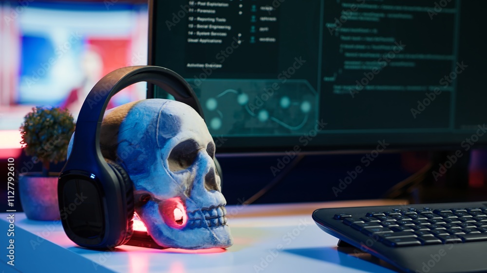 Poster close up of desk in criminals den and hacking software interface on pc used for stealing data and bl