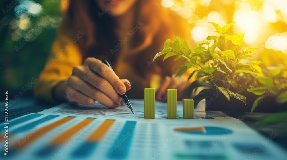Poster a financial consultant analyzing graphs and esg reports for an investment firm, with a focus on sust