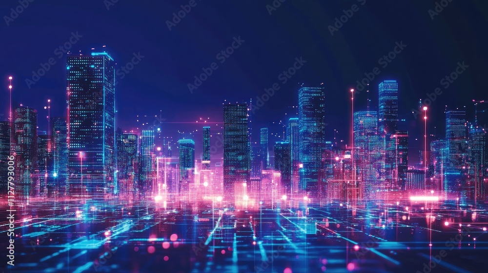Poster a futuristic city illuminated with neon lights and glowing buildings, symbolizing digital networks a