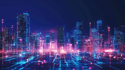 Obraz premium A futuristic city illuminated with neon lights and glowing buildings, symbolizing digital networks and advanced technology in a vibrant, urban future.