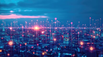 Fototapeta premium A futuristic city illuminated with neon lights and glowing buildings, symbolizing digital networks and advanced technology in a vibrant, urban future.