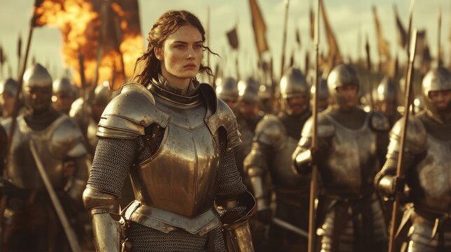 Female knight in armor, army behind, battle scene.
