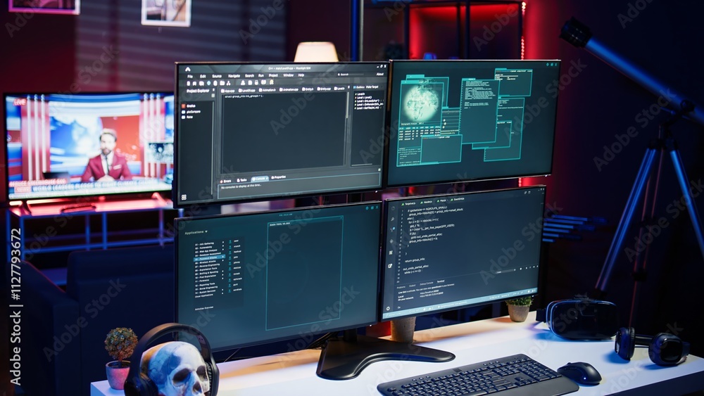 Poster lines of code displayed on computer monitors used by cybercriminal stealing sensitive information. v
