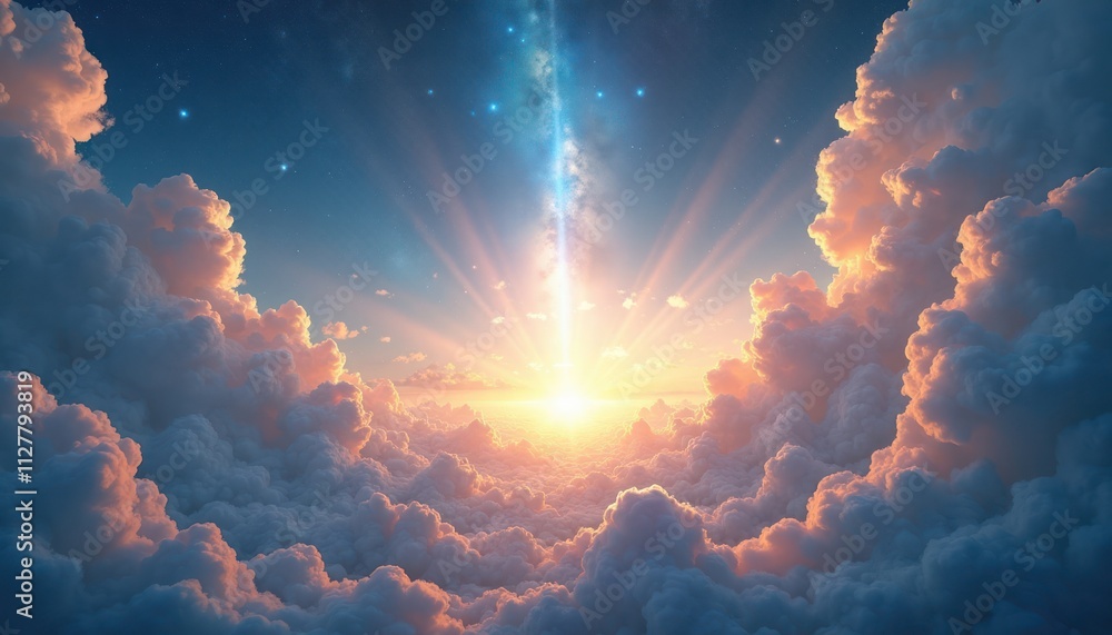 Poster awe-inspiring celestial explosion of light, clouds in vast sky. bright rays pierce through clouds. c