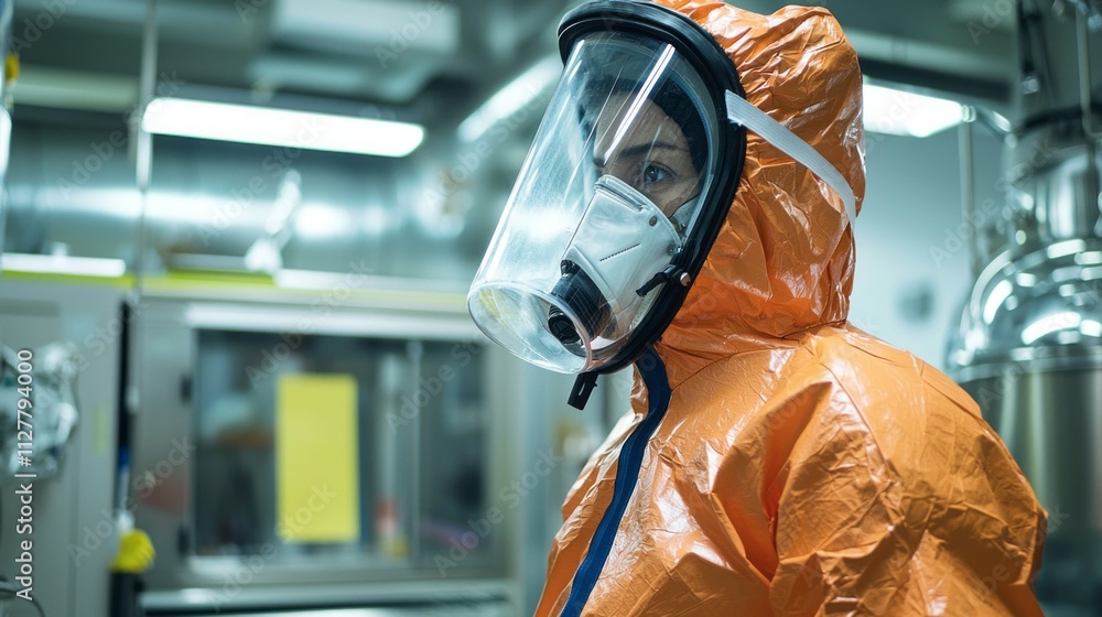 Poster wearing a bright orange hazmat suit, the scientist stands focused in a high-tech laboratory, ready t