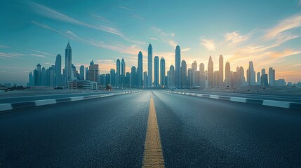 Sunrise over Dubai's Skyline Viewed from an Empty Highway