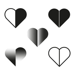 Black and white heart icons. Gradient heart symbols. Minimalist vector shapes. Heart outline designs.