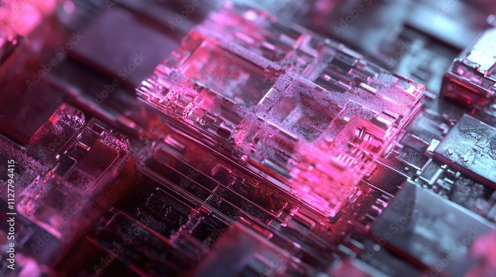 Poster a high-tech close-up of a semiconductor chip with micro circuits and electrical details, representin