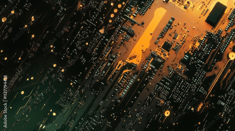 Poster a high-tech close-up of a semiconductor chip with micro circuits and electrical details, representin
