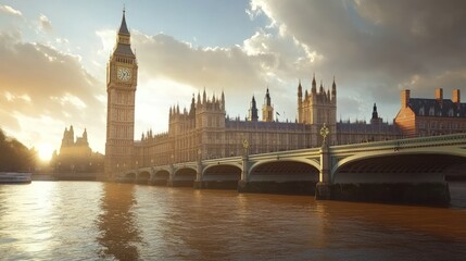 Naklejka premium London sunset, Big Ben, Houses of Parliament, bridge.