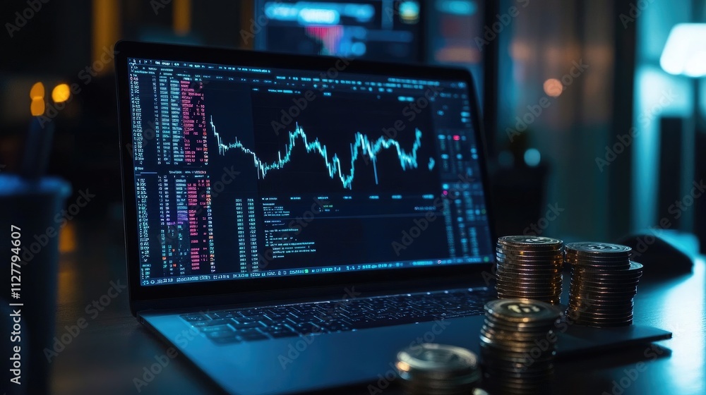 Poster a laptop screen showing fluctuating cryptocurrency charts, with bitcoin coins stacked in the foregro