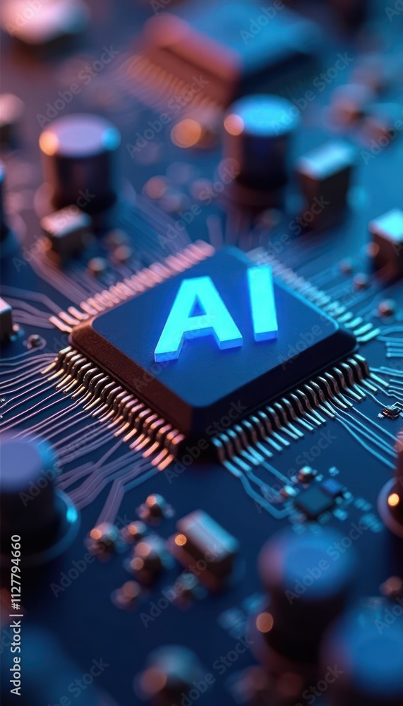 Poster ai tech on circuit board with microchips. digital tech concept. illustration shows advanced tech. ci