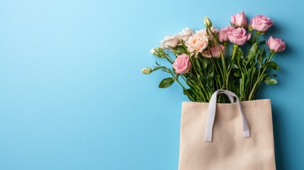 Pastel pink and white roses in a beige gift bag on a blue background.
