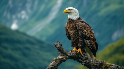 Majestic bald eagle perched on a branch against a mountain backdrop.