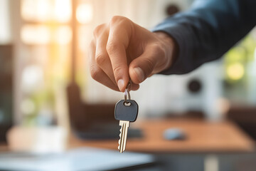 A hand holding a key, symbolizing access or ownership, with a blurred office background.