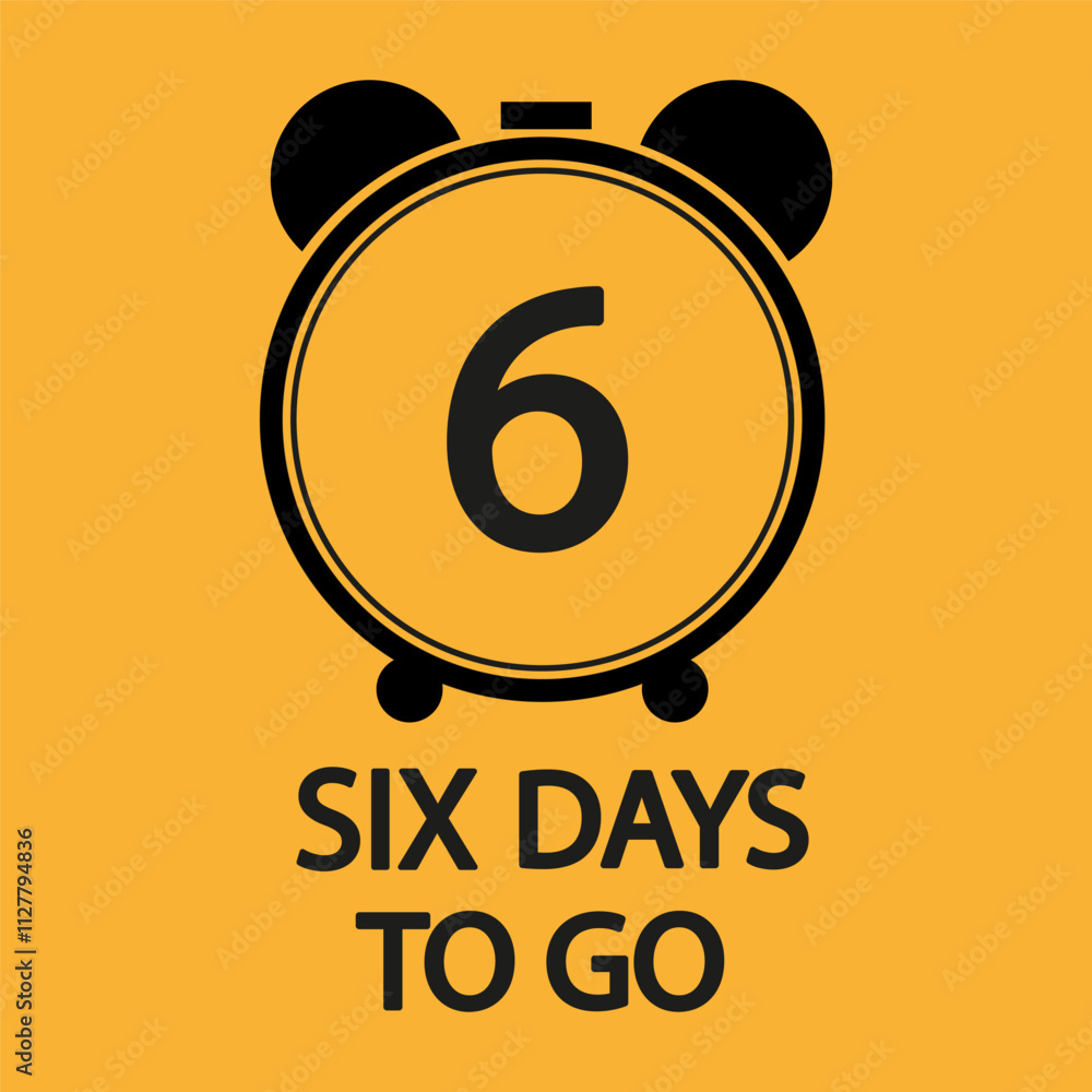 Poster countdown alarm icon. six days bold. countdown text focus. yellow flat background.