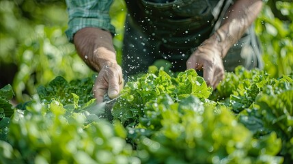 Farmer's Hands Gently Watering and Tending Lush Green Lettuce Plants