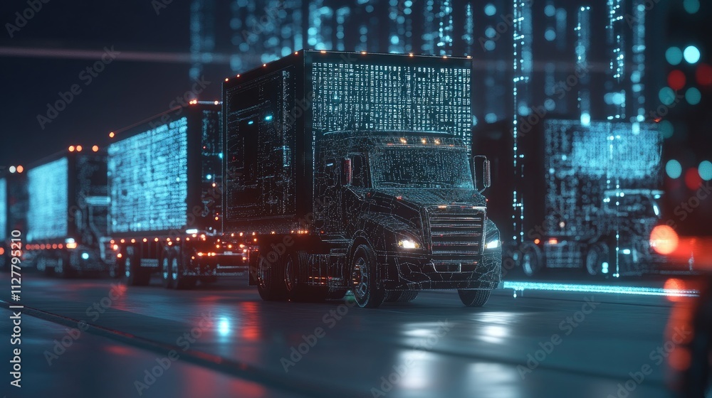 Poster A modern smart fleet management system displayed on a digital screen, showing trucks in real-time with a connected network for optimized logistics.