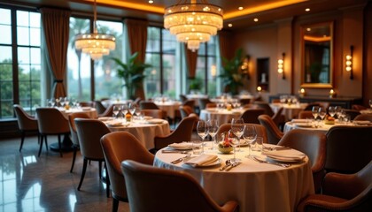 Fine dining restaurant with elegant tables, chairs. Exquisite cuisine, great service featured in luxurious travel concept. Spacious interior with large windows. Well-lit tables, windows offer