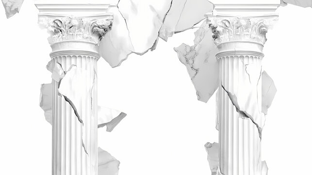White background with two broken marble pillars in the middle. Marble. Illustration