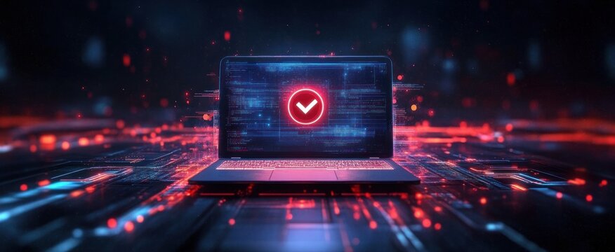 Corporate Laptop Antivirus Detection and Cleanup Software Analysis with Magnifier Icons in Futuristic Cyberpunk Landscape