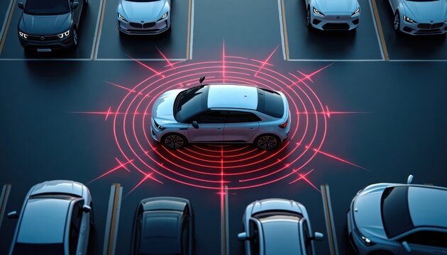 Top view of smart car parking assist system. Autonomous car in parking lot. System shows surrounding cars, parking space via radar signals. Futuristic tech assists safe parking. Cars parked around.